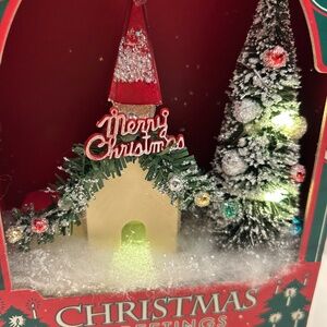 Adorable miniature light up Christmas church scene w/ bottle brush tree 8” tall